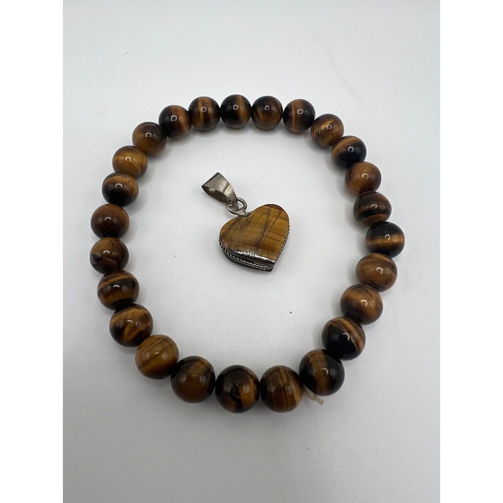 Tiger's Eye Bracelet Heart Pendant Set Boho Spiritual Minimalist Brown Stone